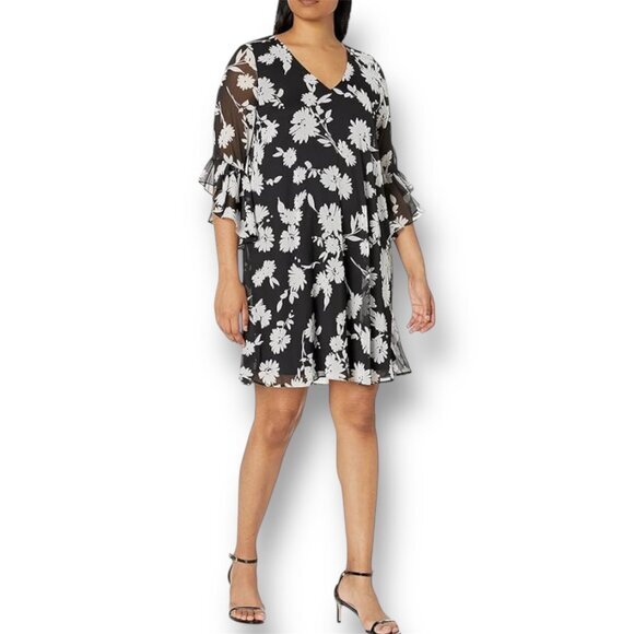Calvin Klein Black White Floral Chiffon Dress Flutter Sleeve Boho Festival Sz 12 - Picture 1 of 9